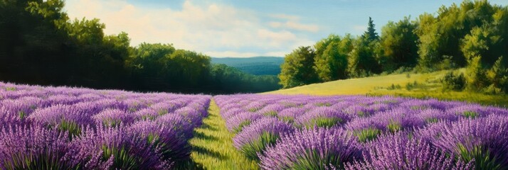 Canvas Print - A picturesque landscape of vibrant lavender fields stretching towards a horizon of rolling hills and lush green trees. This image symbolizes the beauty of nature, tranquility, and the allure of the Fr