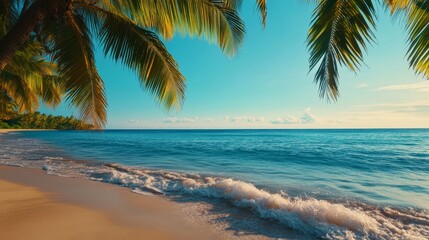 Wall Mural - A picturesque beach scene with pristine white sand, turquoise waters, and lush palm trees swaying gently in the breeze. The scene evokes a sense of tranquility, relaxation, and the beauty of nature.