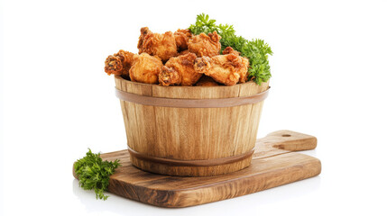 Wall Mural - A bucket of crispy fried chicken placed on a wooden board, isolated against a white background. The chicken is golden brown, with a crunchy, seasoned coating. The bucket is classic in design, possibly