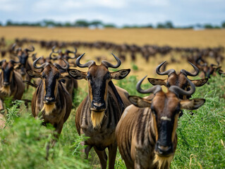 Canvas Print - A herd of wildebeest are standing in a field. The wildebeest are grazing on the grass and are looking at the camera