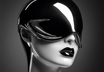 arafed female mannequin wearing a shiny black and white mask