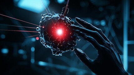 Poster - A robotic hand gently cradles a spherical object that emits a bright red light. This image represents technology, innovation, and the exploration of the unknown.