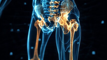 Close-up of a 3D rendering of the human hip and leg bones, with the femur highlighted in yellow and the rest of the skeleton in blue, against a dark background with light blue particles.