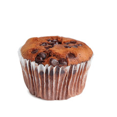 Banana cupcake topping with chocolate chip on white.