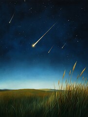 Wall Mural - A serene night sky with multiple shooting stars streaking across the dark blue canvas. The stars are bright and illuminating the field of tall grass below.