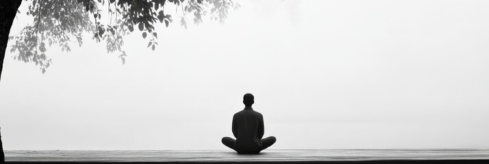 Poster - A serene silhouette of a person meditating, symbolizing inner peace, mindfulness, connection with nature, tranquility, and spiritual growth.