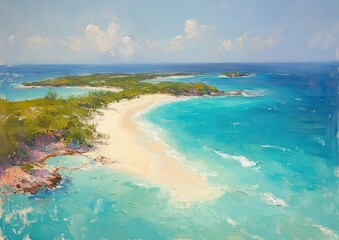 Sticker - Stunning aerial view of a sandy beach with turquoise waters, surrounded by lush green islands under a clear blue sky