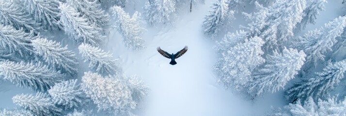 Poster - A solitary bird flies over a snowy forest, symbolizing freedom, hope, winter, nature, and tranquility.