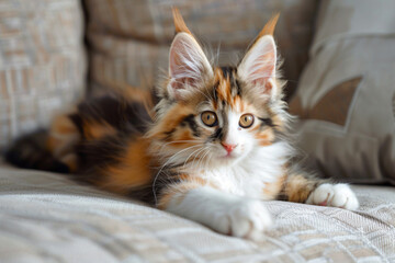 Wall Mural - a kitten is laying on a couch with a pillow