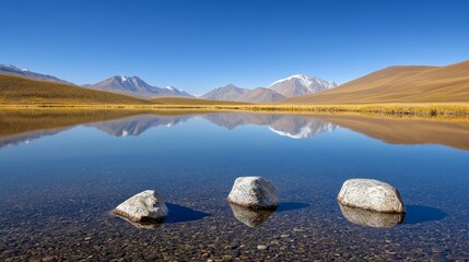 Sticker - A tranquil mountain lake with crystal clear water, reflecting the snow-capped peaks and surrounding hills. Three smooth stones rest on the lake bed, adding a sense of peace and balance.