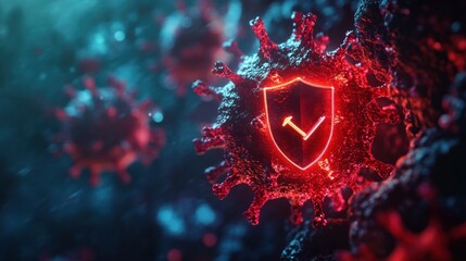 Wall Mural - Virus cell with shield symbol indicating protection. Bright background and emphasis on protection.