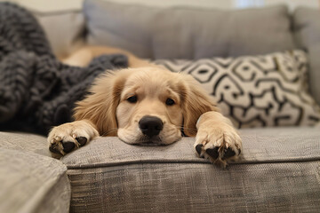 Wall Mural - a dog laying on a couch with his paws on the pillow