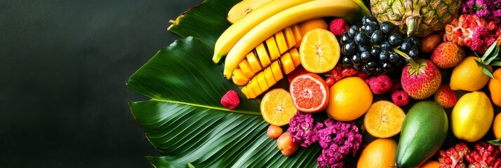 Poster - A vibrant composition showcasing an assortment of fresh tropical fruits, including bananas, mango, oranges, grapes, pineapple, avocado, and strawberries, arranged on a lush green palm leaf against a d