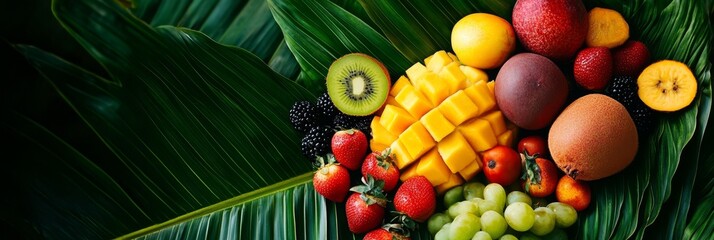 A vibrant display of tropical fruits like mango, kiwi, grapes, and berries, arranged on lush green banana leaves, symbolizing abundance, freshness, and healthy eating.