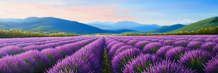 Poster - A vibrant field of lavender blooms stretches towards the horizon, bathed in the soft light of sunrise. The purple flowers create a breathtaking vista, framed by rolling hills and a clear blue sky. Thi