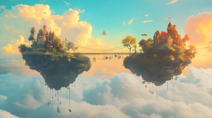 Surreal landscape sky whimsical floating islands connected bridges bright colors