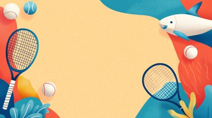 A vibrant illustration featuring tennis rackets and balls, symbolizing summer, sports, fun, leisure, and recreation.