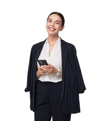 Sticker - Beautiful woman in black striped suit with smartphone on white background