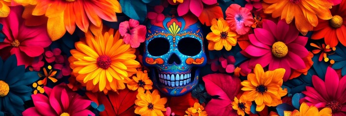 Sticker - A vibrant sugar skull adorned with intricate designs sits amidst a colorful array of flowers, symbolizing life, death, and remembrance. This image captures the essence of the Day of the Dead celebrati