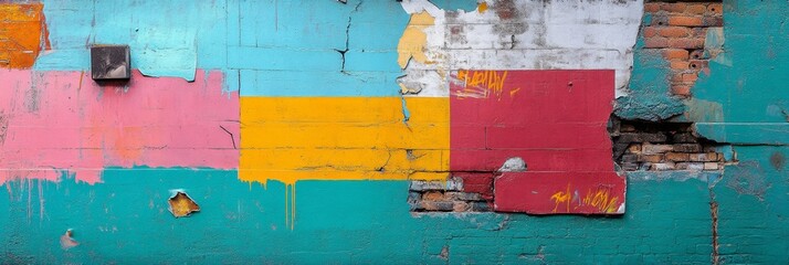 Canvas Print - A weathered brick wall with layers of vibrant paint, showcasing pink, yellow, blue, and red hues. Graffiti and chipped paint reveal a history of change and creative expression.