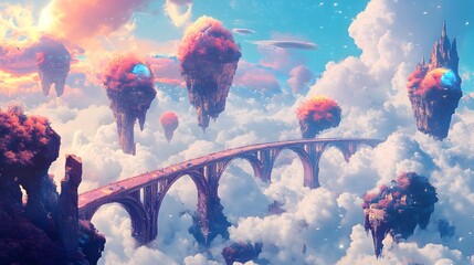 Sky with floating islands surreal landscape connected bridges bright colors whimsical