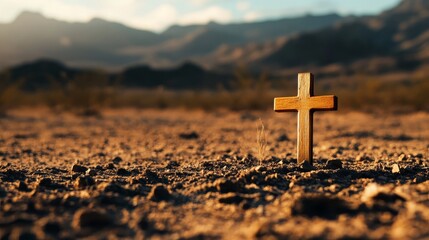 Wall Mural - A wooden cross stands tall against a backdrop of mountains and desert at sunset, symbolizing faith, hope, and resilience in the face of adversity.