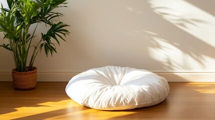 Poster - A white round cushion sits on a wooden floor, bathed in warm sunlight. A leafy green plant adds a touch of nature to the minimalist scene.