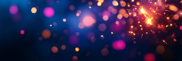 Canvas Print - Abstract background with warm sparkler lights and colorful bokeh on a dark blue background, symbolizing celebration, hope, joy, excitement and magic.