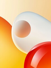 Sticker - Abstract image featuring three vibrant shapes: a white orb with a circular opening revealing an orange shape, a bright orange shape partially hidden, and a red shape positioned below.