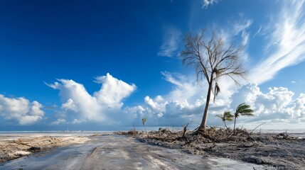 Coastal landscape with storm damage and blue sky