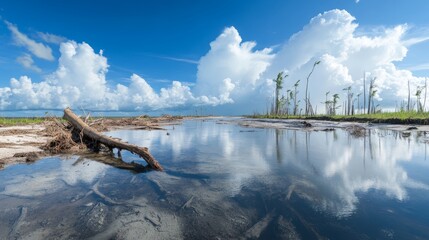 Wall Mural - Coastal landscape with driftwood and reflection