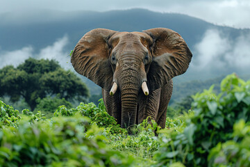 Wall Mural - an elephant standing in a field with trees and bushes