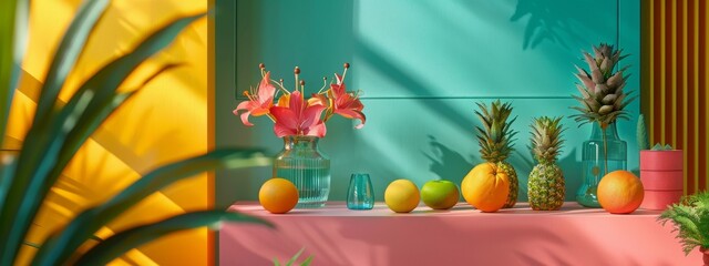 Wall Mural - Tropical Fruits and Flowers Arrangement in a Colorful, Sunlit Setting