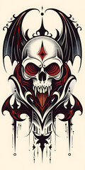 Tribal Skull and Bat tattoo flash styles illustration