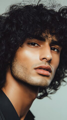 Wall Mural - A handsome man with curly hair showcasing the haircut