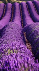 Wall Mural - A field of purple lavender flowers in full bloom, with rows of plants creating a beautiful and fragrant landscape.