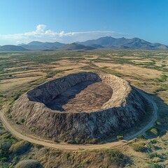 Wall Mural - Aerial View of Massive Crater Surrounded by Dry Arid Landscape with Mountains in the Distance on Clear Day