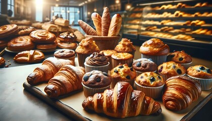 Close-up of freshly baked pastry goods on display in a bakery shop