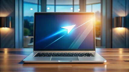 A sleek, silver laptop sits on a modern desk, its glowing screen displaying a vibrant desktop background, with a white cursor arrow hovering above.