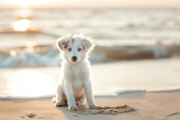 Wall Mural - a puppy sitting on the beach at sunset