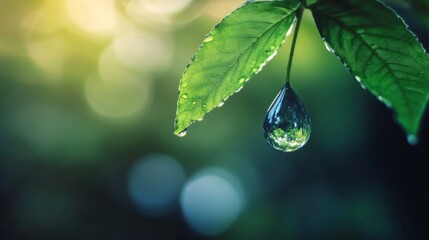 Poster - Close-up of a single water droplet hanging from a green leaf, with the droplet reflecting the surrounding environment and a soft, blurred background.