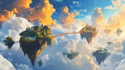 Sky with floating islands surreal landscape connected bridges whimsical bright colors