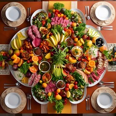 Top view table full of delicious food composition