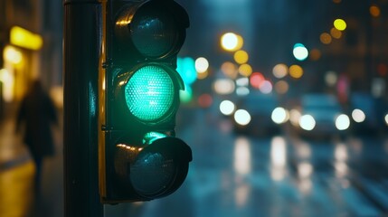 Aufkleber - Close-up of a traffic light with a green signal illuminated, set against a city street with blurred cars and pedestrians in the background.