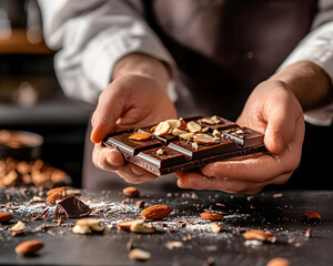 Hands present a dark chocolate bar with almonds