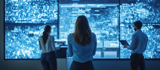 Wall Mural - Three People Looking at Data on Large Screens