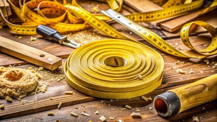 A worn, yellow fiberglass meter tape lies coiled on a rustic wooden table, surrounded by scattered carpentry tools and sawdust, evoking a sense of construction.