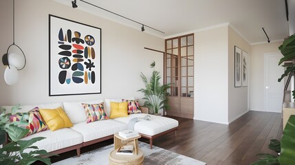 A Scandinavian interior design of a modern living room in a home. There is a white sofa with colorful vibrant pillows against a wall. On the wall, there is a large art poster frame.