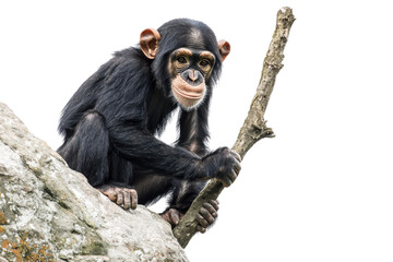 Chimpanzee sitting on a rock holding a stick cut out transparent isolated PNG