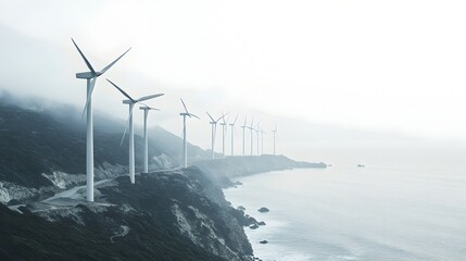 Wall Mural - Closeup of a row of wind turbines standing tall along the scenic coastline with ample copyspace and an isolated background  This image represents the use of renewable